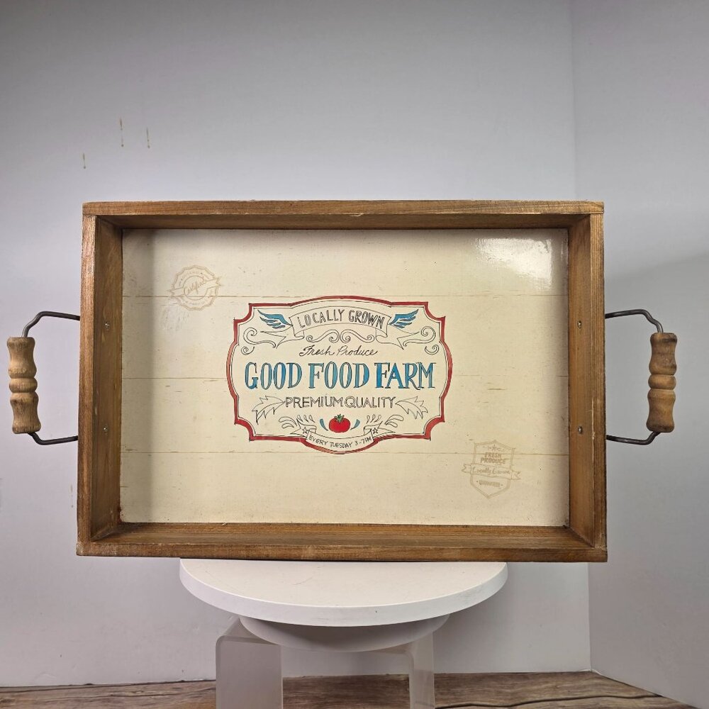 Rustic Wooden Serving Tray With Handles & "Good Food Farm" Print